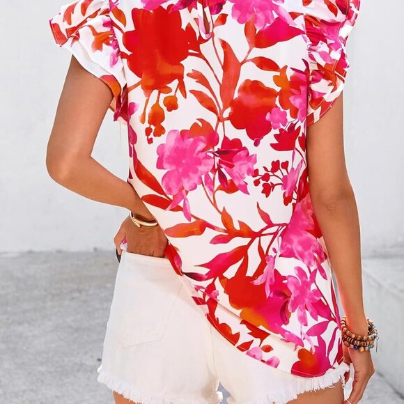 Women's Ruffle Short Sleeve Summer Tops - 2025 Trendy Floral Trim Neck Casual Dr - Picture 4 of 8